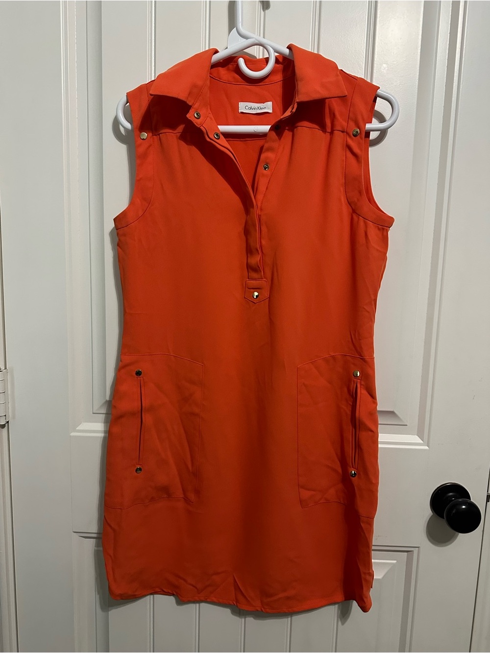 Calvin Klein Bright Orange Collared Sleeveless Shift Dress